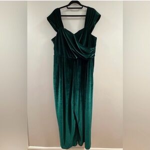 Cider 4XL Plus Size Emerald Green Velvet Jumpsuit – Wide Leg – Pockets